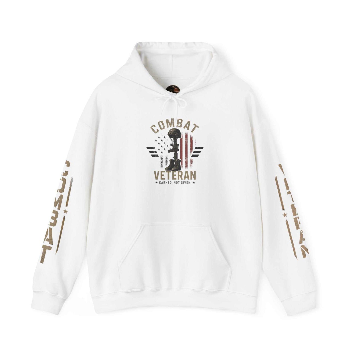 Black Combat Veteran Hoodie with military-inspired sleeve graphics and soldier silhouette print