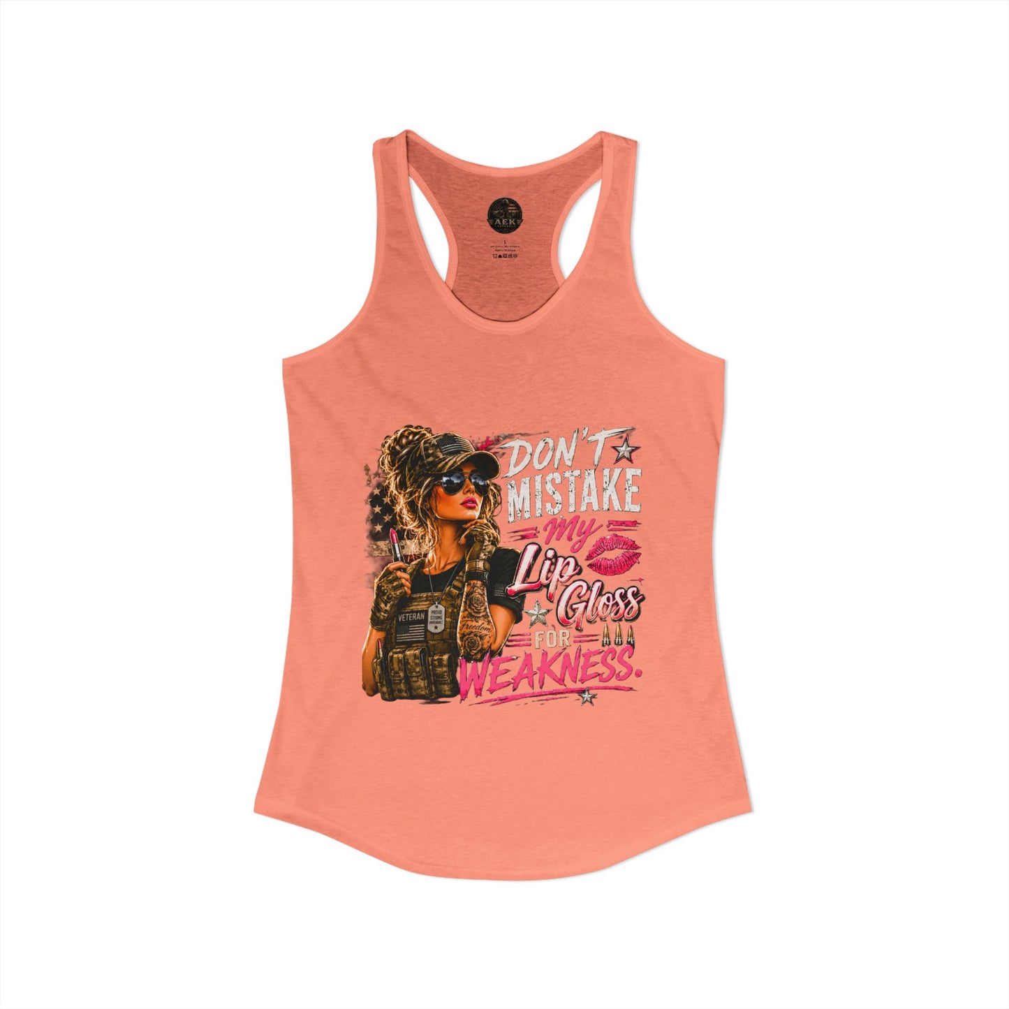 Women's Racerback Tank - "Don't Mistake My Lip Gloss for Weakness"