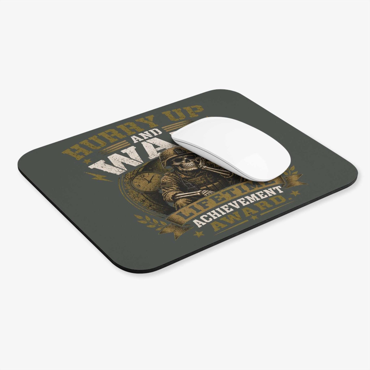 Mouse Pad — "Hurry Up and Wait" Military Skull Vintage Desk Mat
