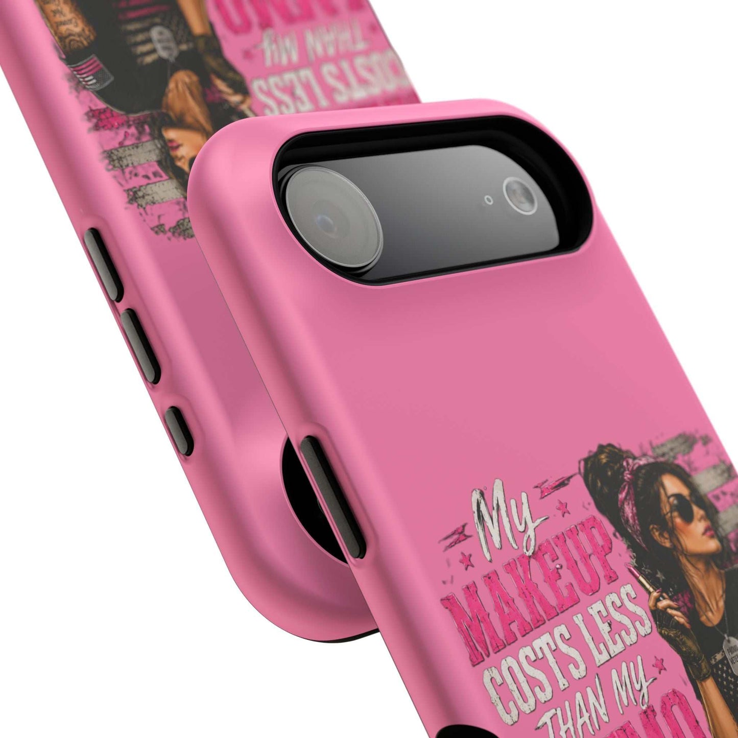 Impact-Resistant Phone Case — "My Makeup Costs Less Than My Ammo Habit Used To" Pink Tactical Design
