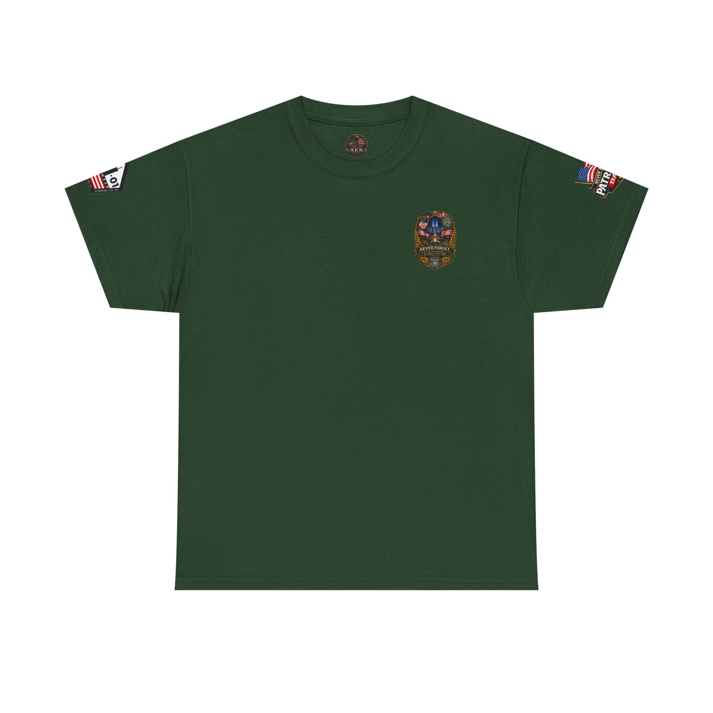 NYPD, FDNY, PAPD-NYNJ Patriots Day Memorial Tee – "Never Forget" 25th Anniversary American Flag Shirt