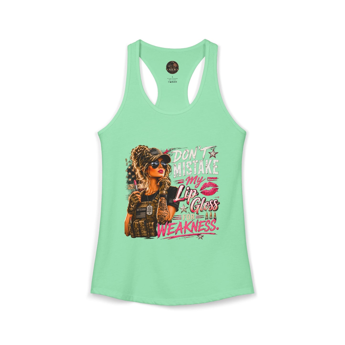 Women's Racerback Tank - "Don't Mistake My Lip Gloss for Weakness"