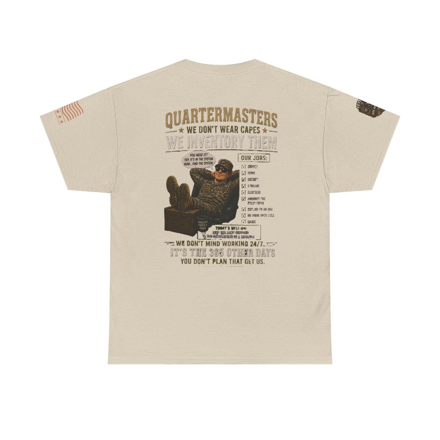Quartermasters Graphic Tee – "We Don’t Wear Capes, We Inventory Them" Military Supply Shirt