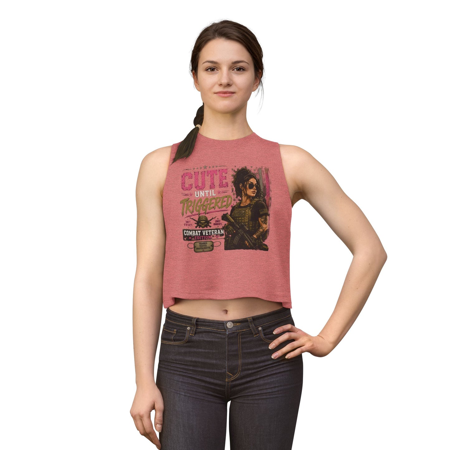 Crop Top — "Cute Until Triggered" Combat Veteran Graphic Tank