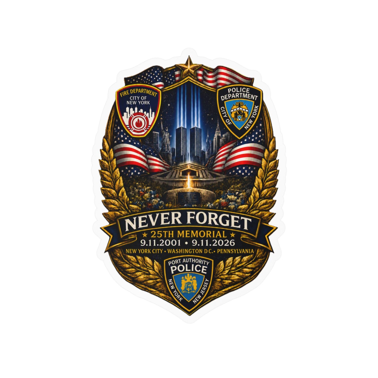 9/11 Never Forget Shield Kiss-Cut Vinyl Decal — NYPD, FDNY, PAPDNYNJ Memorial Sticker