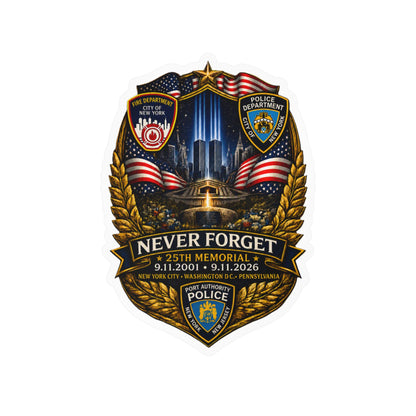 9/11 Never Forget Shield Kiss-Cut Vinyl Decal — NYPD, FDNY, PAPDNYNJ Memorial Sticker