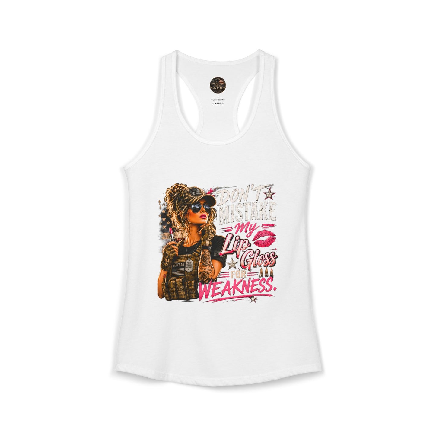 Women's Racerback Tank - "Don't Mistake My Lip Gloss for Weakness"