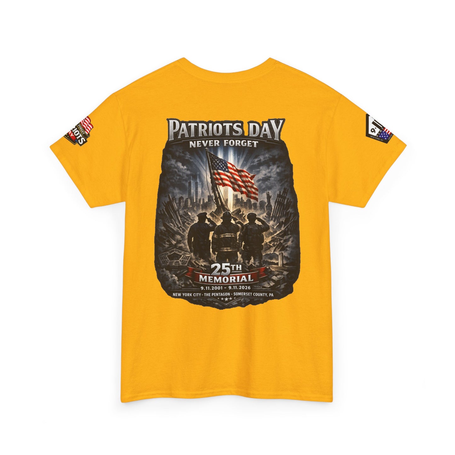 NYPD, FDNY, PAPD-NYNJ Patriots Day Memorial Tee – "Never Forget" 25th Anniversary American Flag Shirt