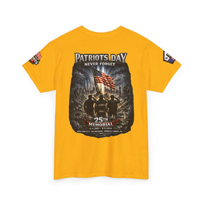 NYPD, FDNY, PAPD-NYNJ Patriots Day Memorial Tee – "Never Forget" 25th Anniversary American Flag Shirt