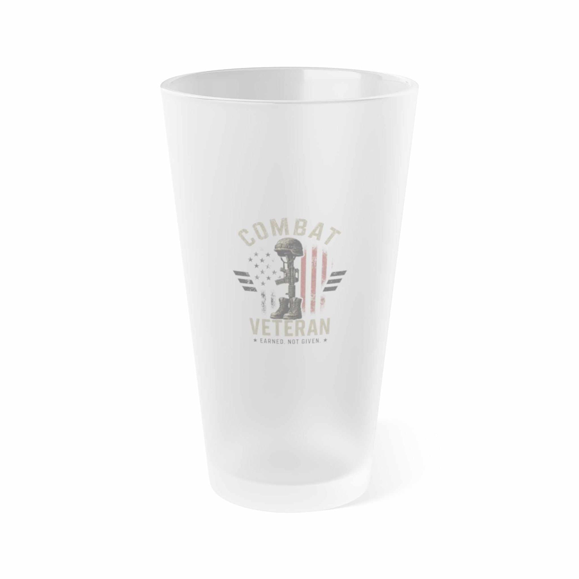 Frosted 16oz pint glass with matte finish and Combat Veteran emblem, durable and dishwasher-safe