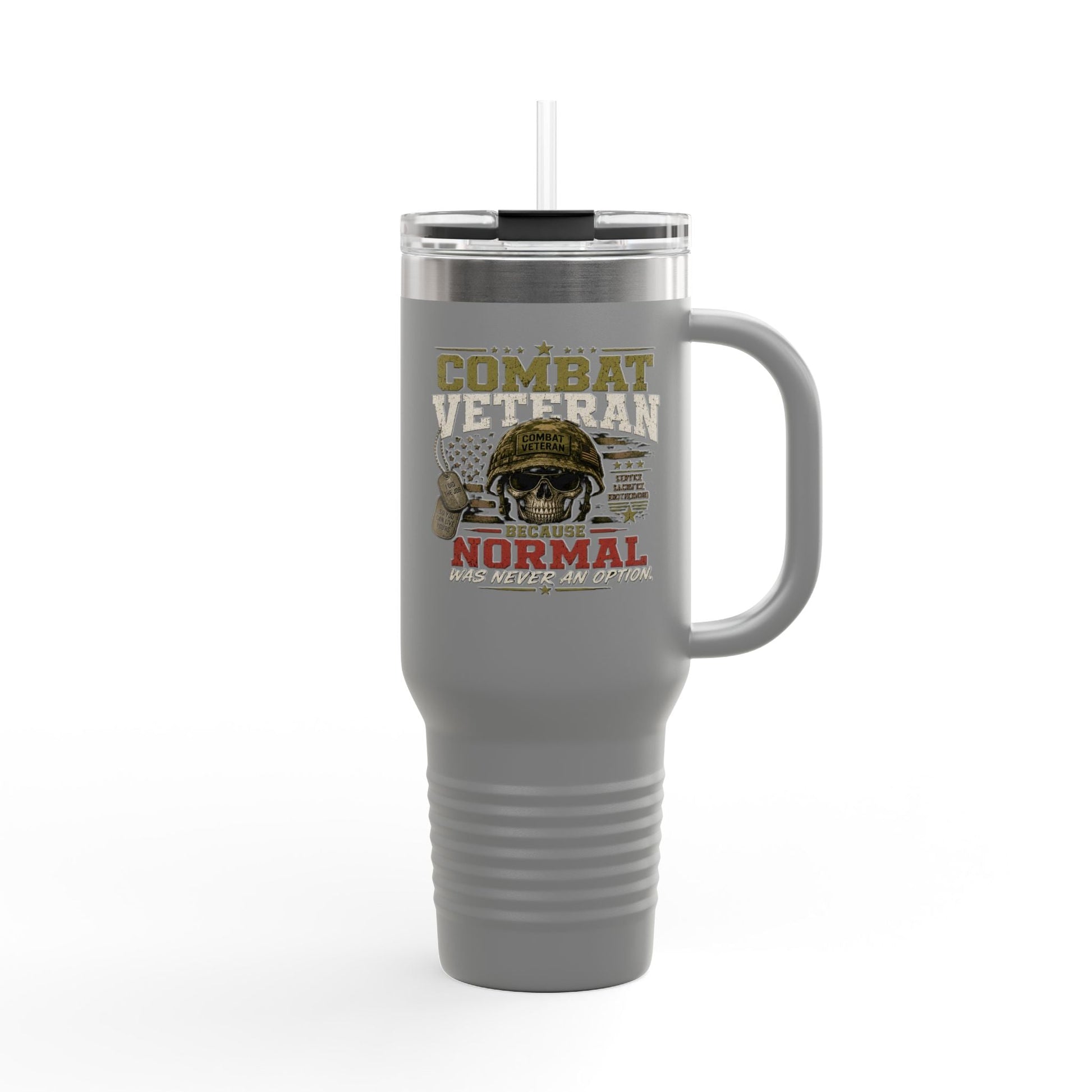 40oz insulated travel mug with "Combat Veteran" design, stainless steel, double-wall insulation, ergonomic handle, and leak-proof lid