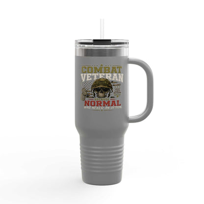 40oz insulated travel mug with "Combat Veteran" design, stainless steel, double-wall insulation, ergonomic handle, and leak-proof lid