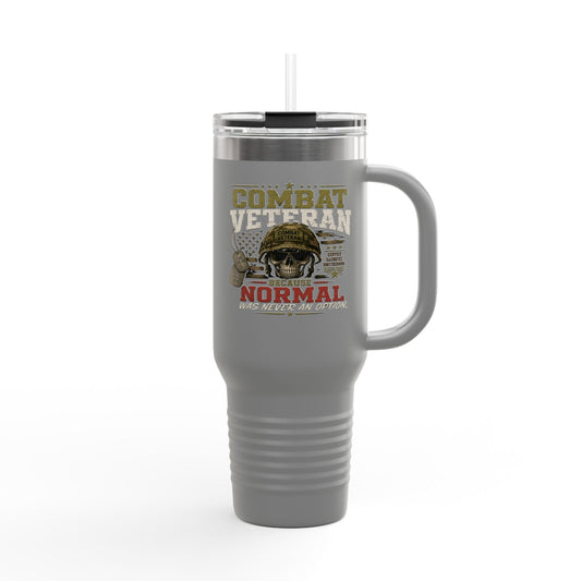40oz insulated travel mug with "Combat Veteran" design, stainless steel, double-wall insulation, ergonomic handle, and leak-proof lid