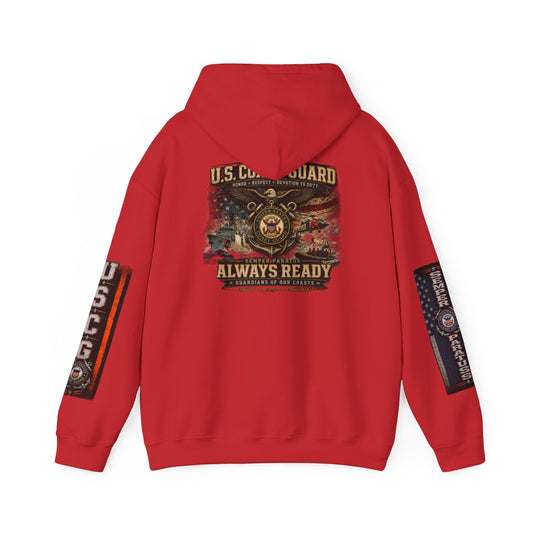 USMC hoodie Coast Guard veteran tribute pullover with vintage emblem and painterly back design