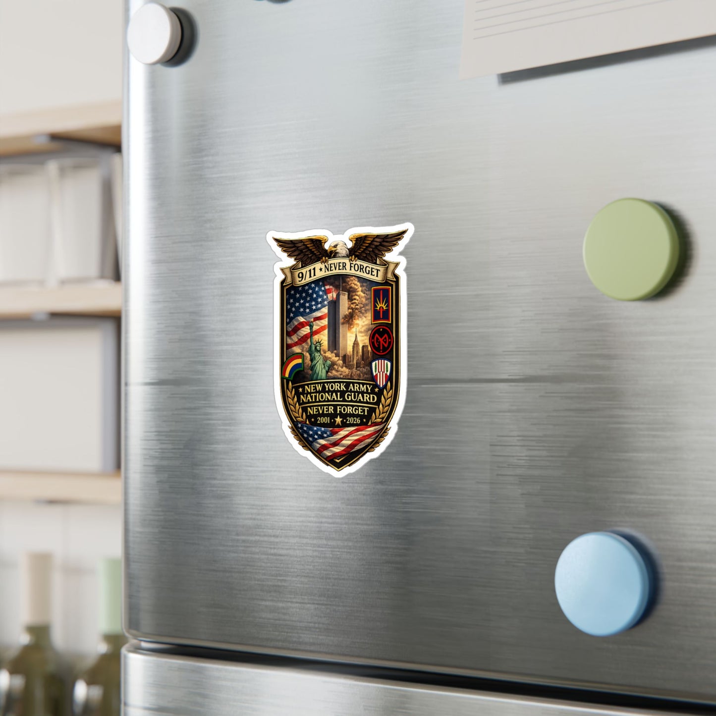 9/11 Never Forget Shield Kiss-Cut Vinyl Decal — New York Army National Guard Memorial Sticker