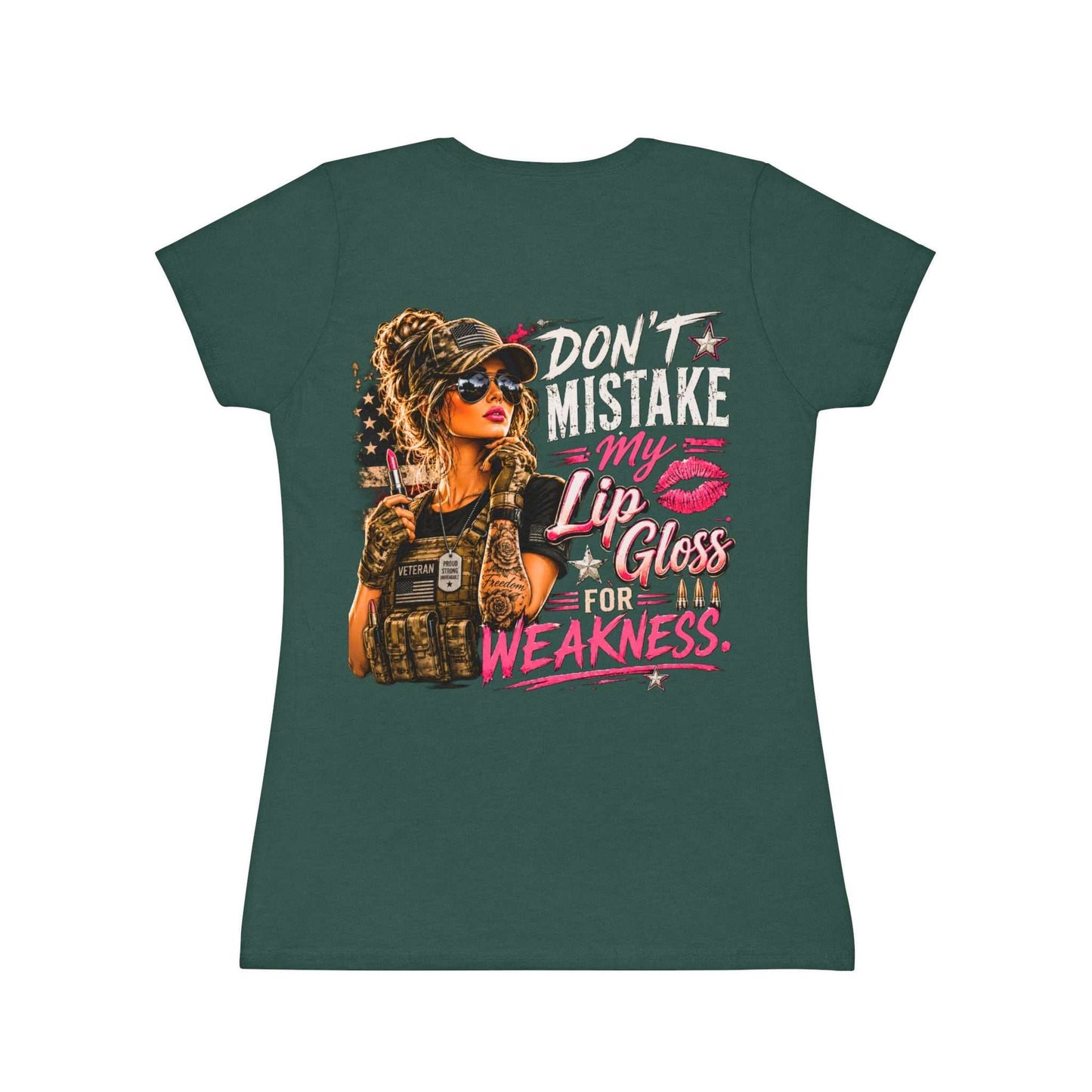 Women's Military-Inspired T-Shirt — "Don't Mistake My Lip Gloss for Weakness" Graphic Tee