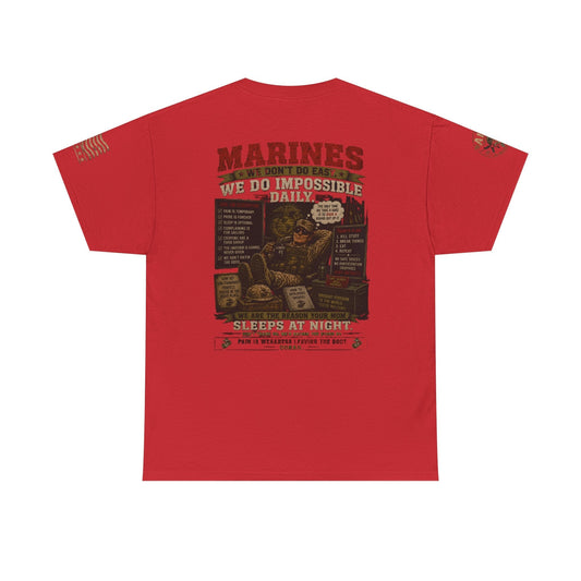 Marines Vintage Graphic Tee with "Marines We Do Impossible" military graphic and emblem patch design