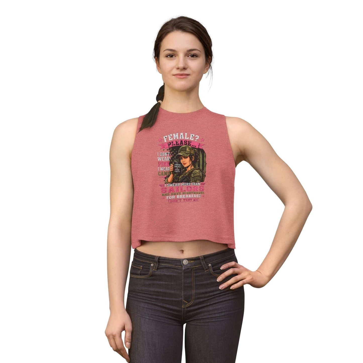 Women's Crop Top — 'Female? Please. I Don't Wear Pink' Military Graphic Tank