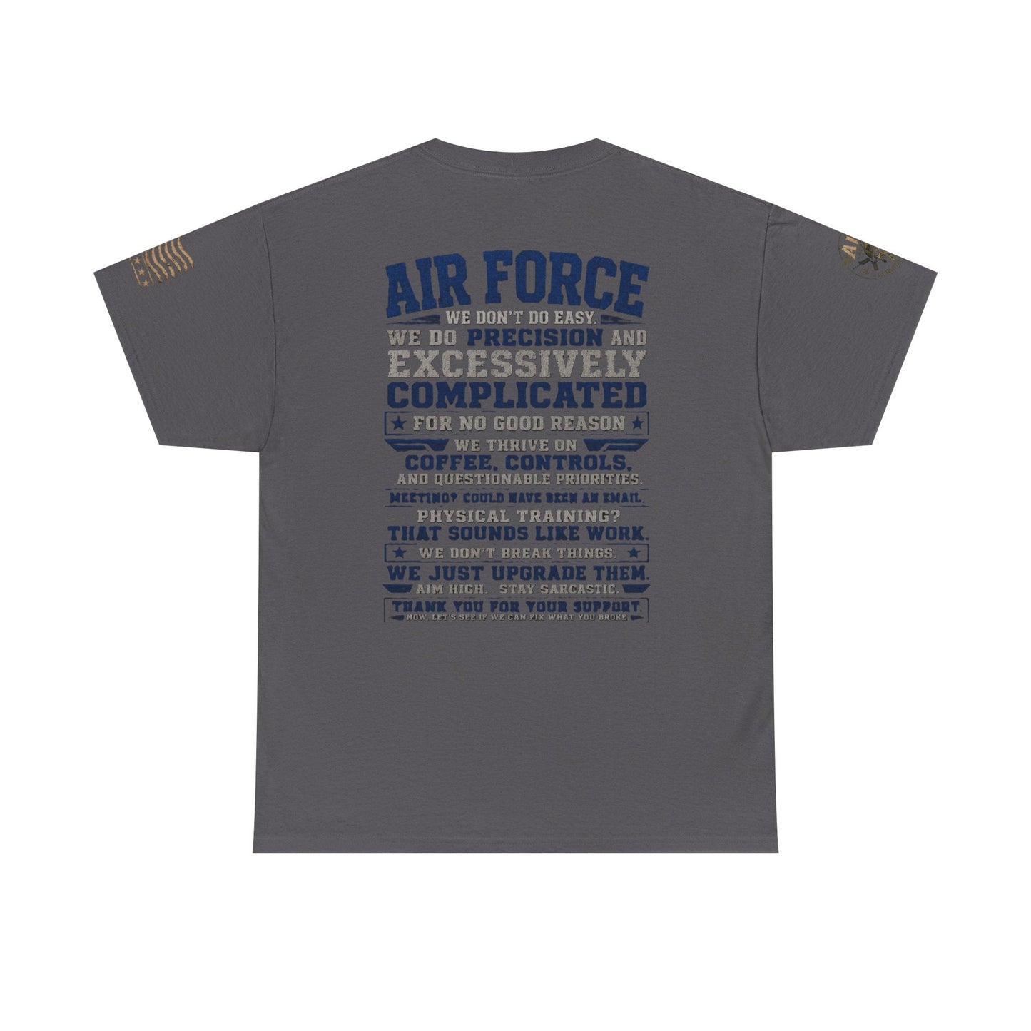 Air Force Crewneck T-shirt with military graphic and coffee theme in navy blue cotton