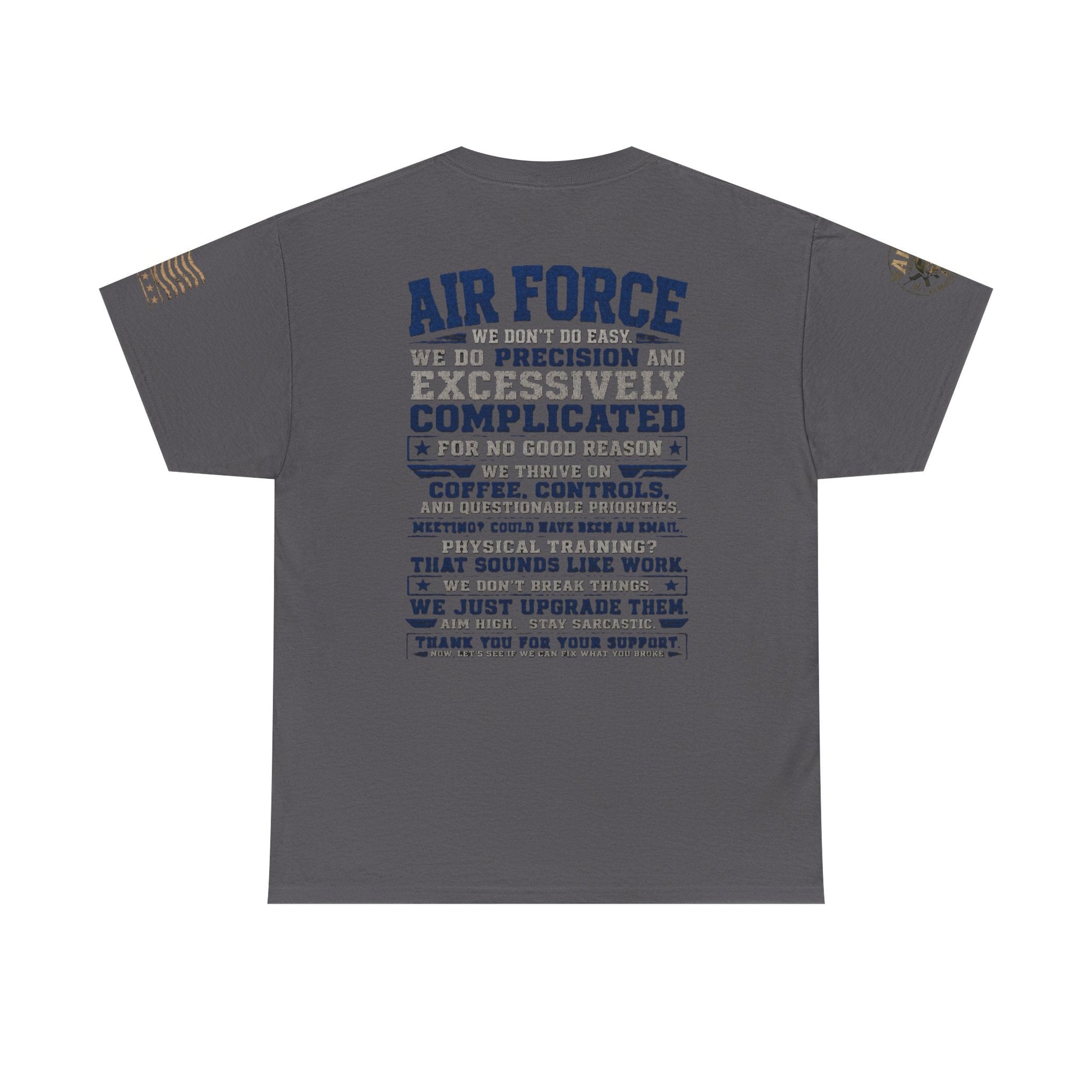 Air Force Crewneck T-shirt with military graphic and coffee theme in navy blue cotton