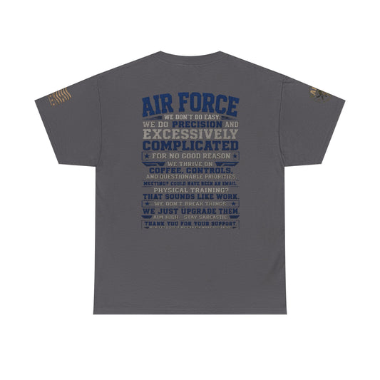 Air Force Crewneck T-shirt with military graphic and coffee theme in navy blue cotton