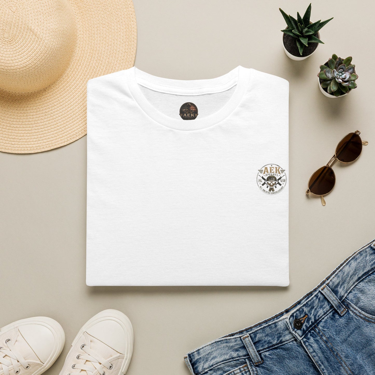 Army: Where You're Paid to Suffer T-Shirt — AEK Small Chest Logo, Coastal Surf Vibes