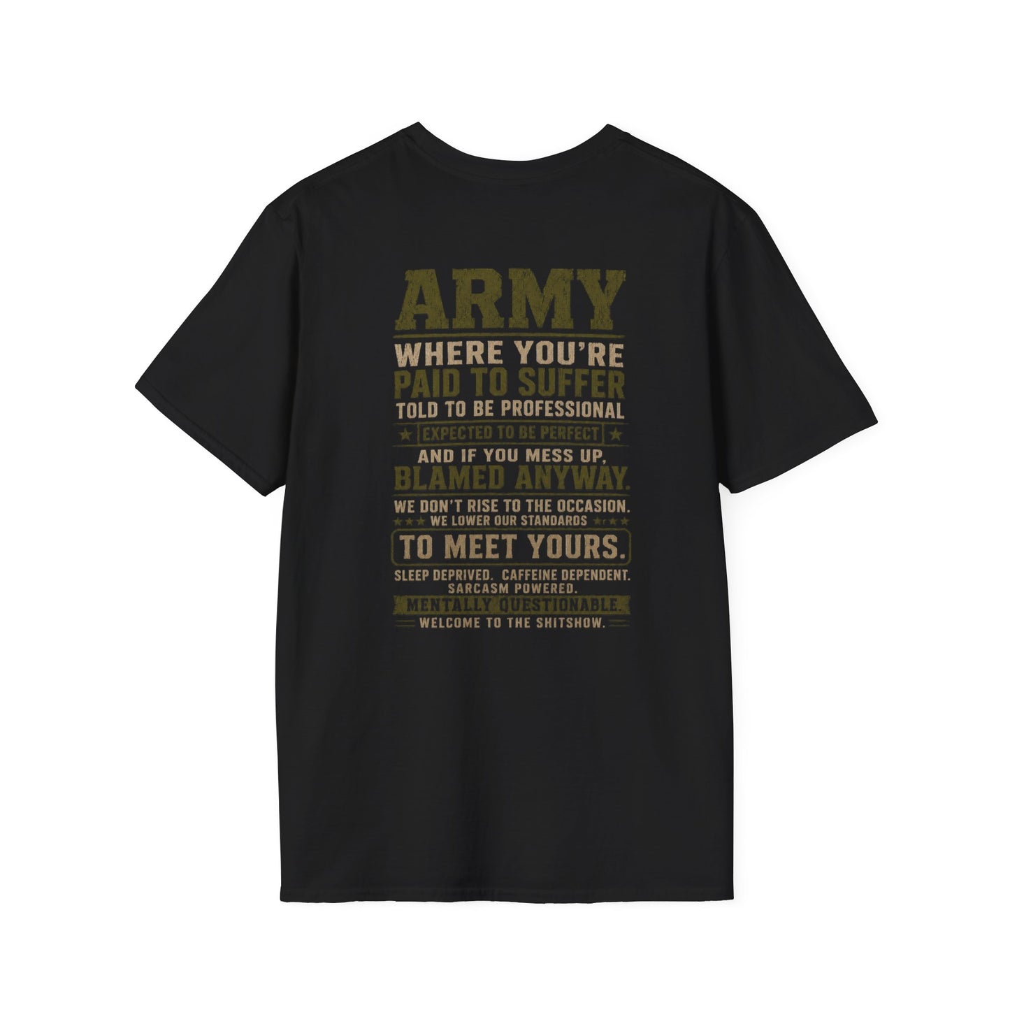 Army: Where You're Paid to Suffer T-Shirt — AEK Small Chest Logo, Coastal Surf Vibes