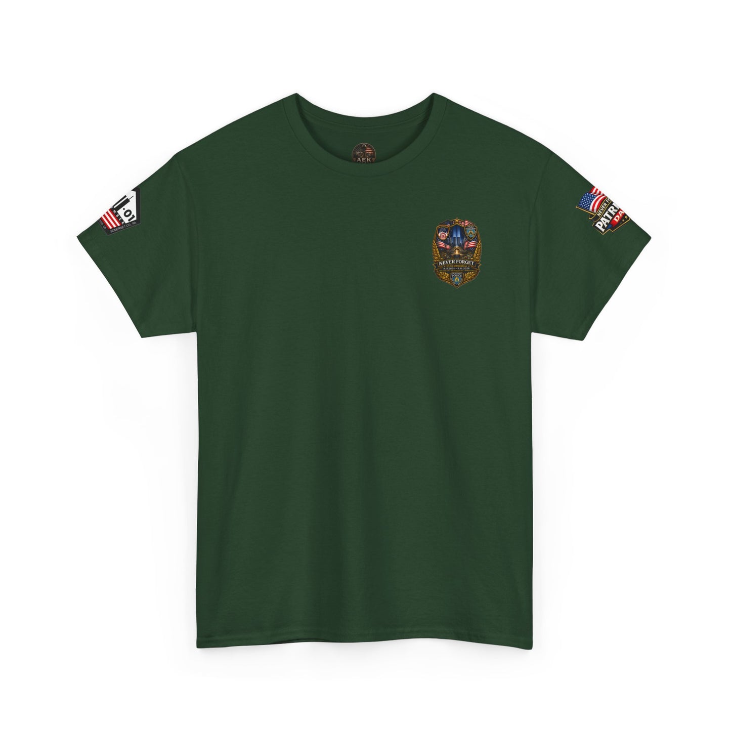 NYPD, FDNY, PAPD-NYNJ Patriots Day Memorial Tee – "Never Forget" 25th Anniversary American Flag Shirt