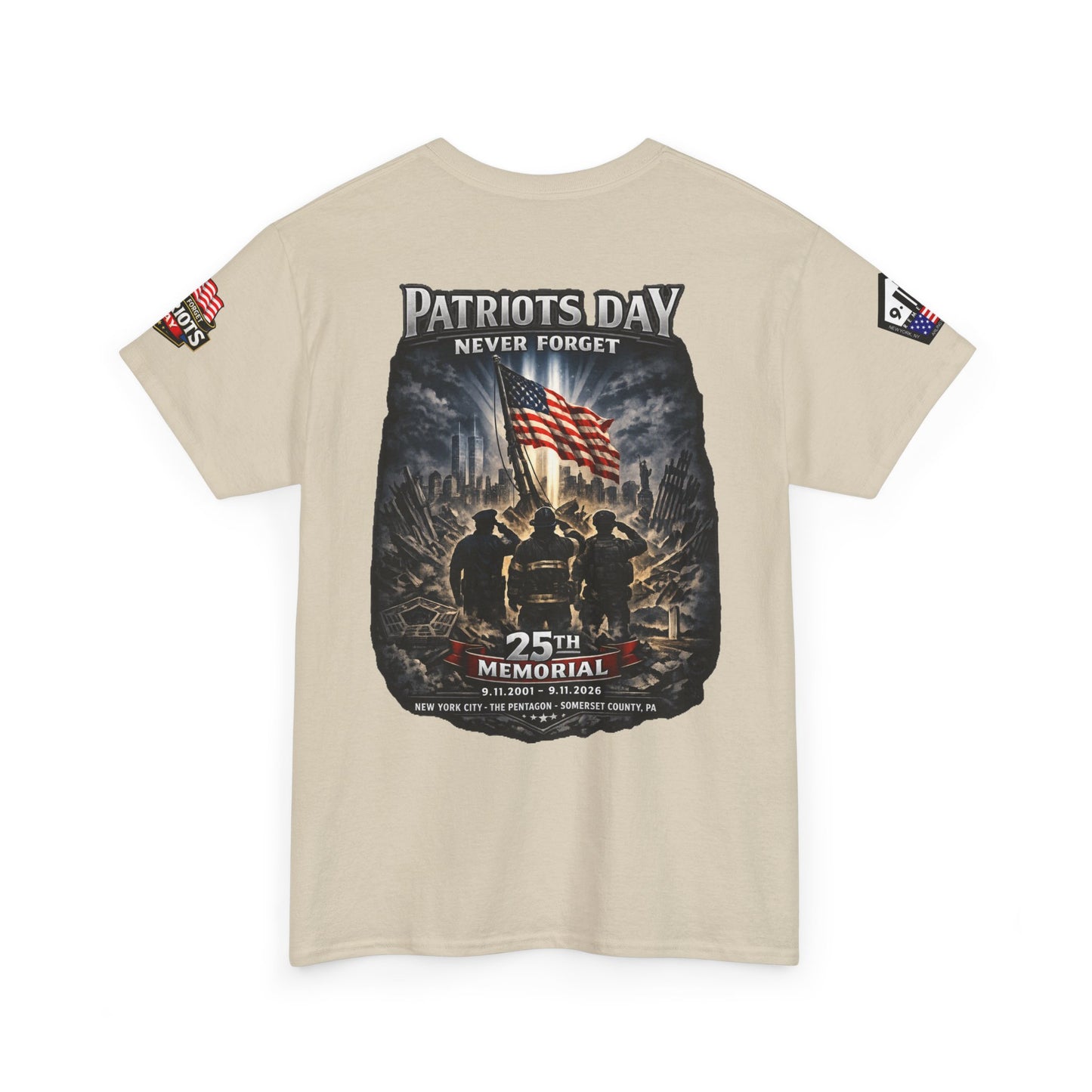 NYPD, FDNY, PAPD-NYNJ Patriots Day Memorial Tee – "Never Forget" 25th Anniversary American Flag Shirt
