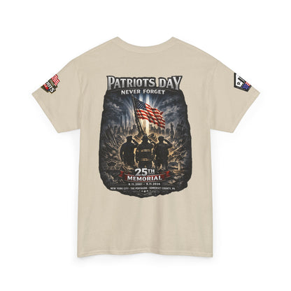 NYPD, FDNY, PAPD-NYNJ Patriots Day Memorial Tee – "Never Forget" 25th Anniversary American Flag Shirt