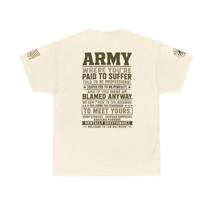 Army Quote Tee with military-style text and badge emblem on olive cotton fabric