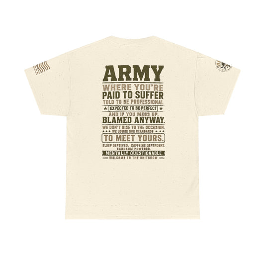 Army Quote Tee with military-style text and badge emblem on olive cotton fabric