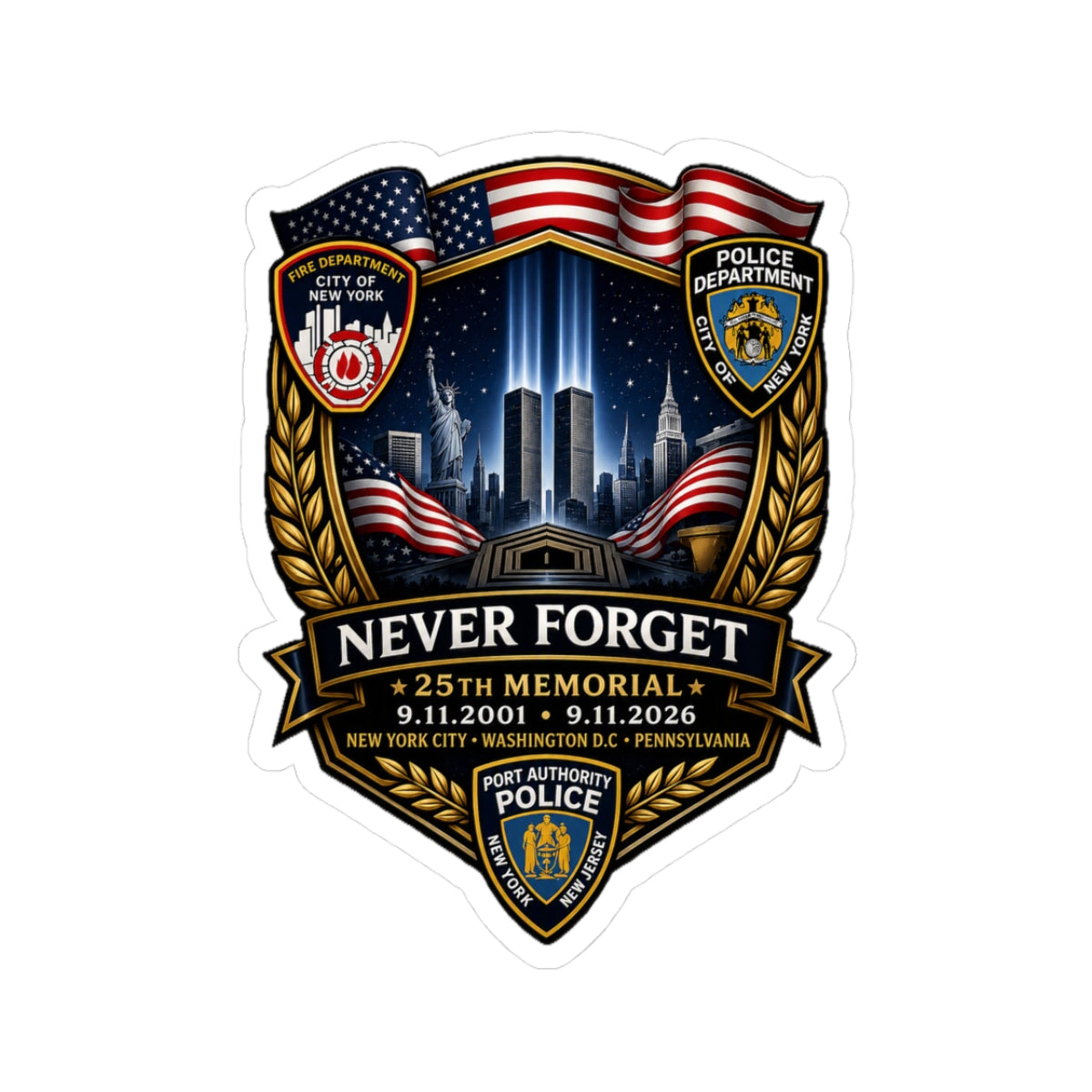 Never Forget 25th Memorial 9/11 commemorative sticker with twin light beams, American flags, and police emblems on glossy vinyl