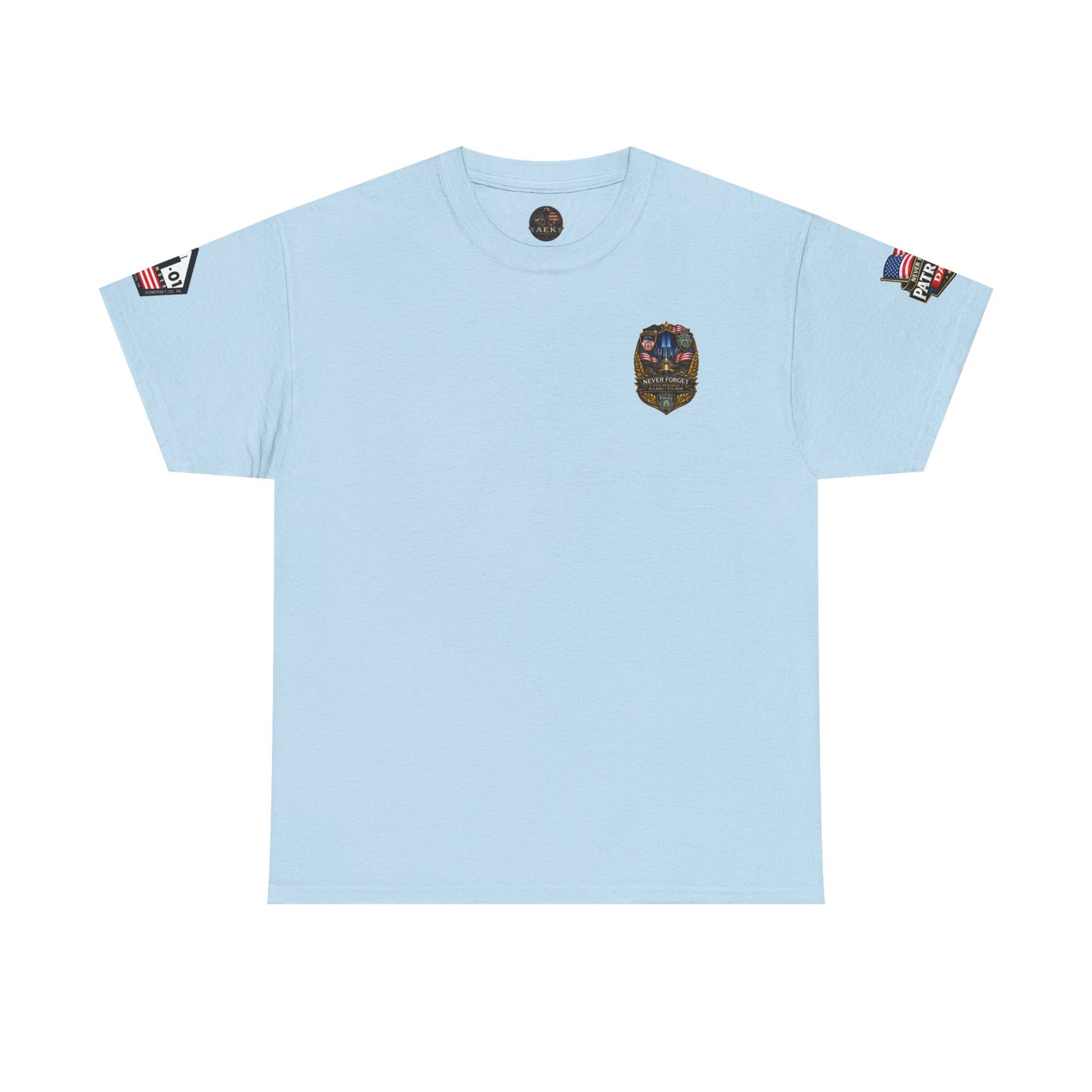 NYPD, FDNY, PAPD-NYNJ Patriots Day Memorial Tee – "Never Forget" 25th Anniversary American Flag Shirt