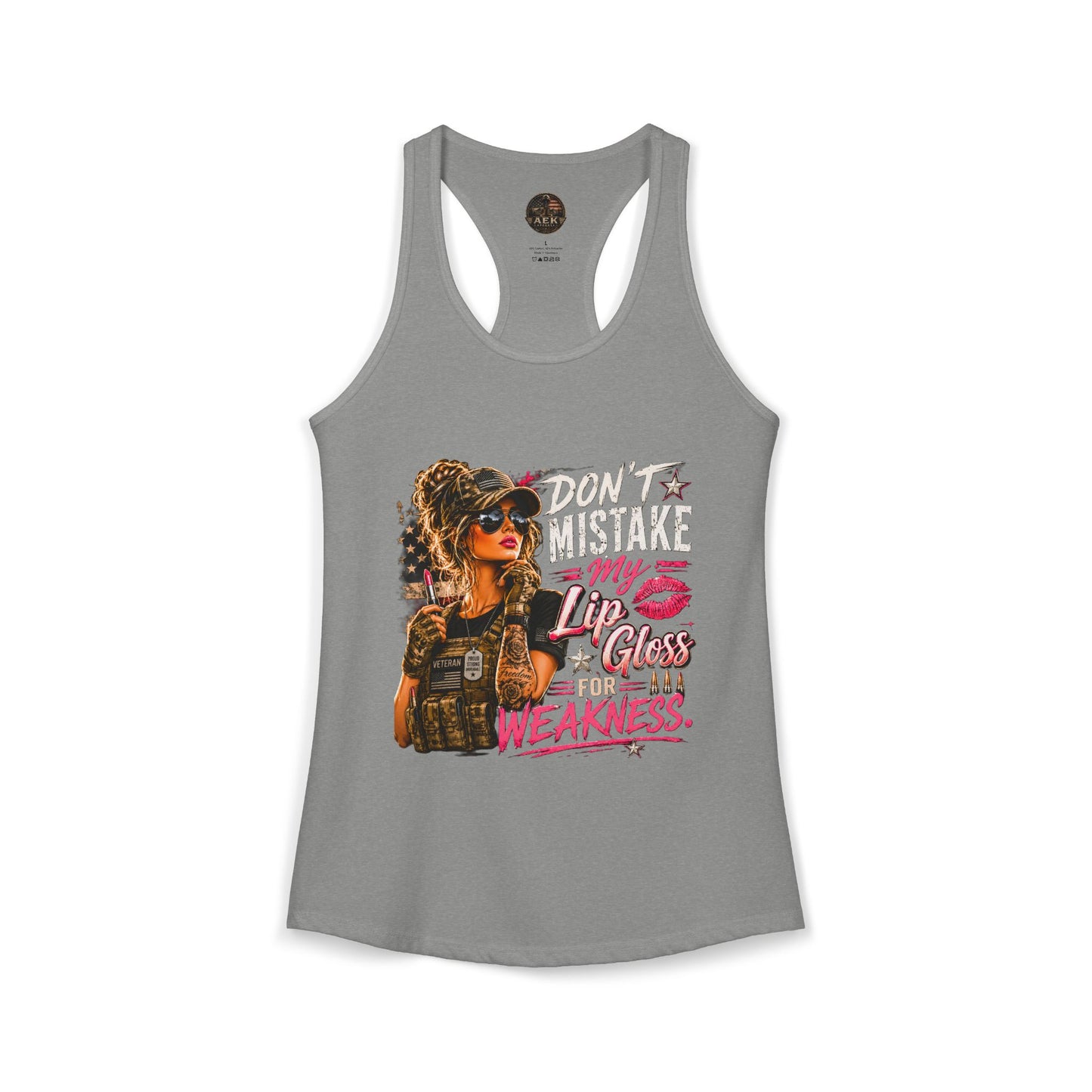 Women's Racerback Tank - "Don't Mistake My Lip Gloss for Weakness"