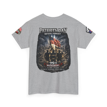 NYPD, FDNY, PAPD-NYNJ Patriots Day Memorial Tee – "Never Forget" 25th Anniversary American Flag Shirt