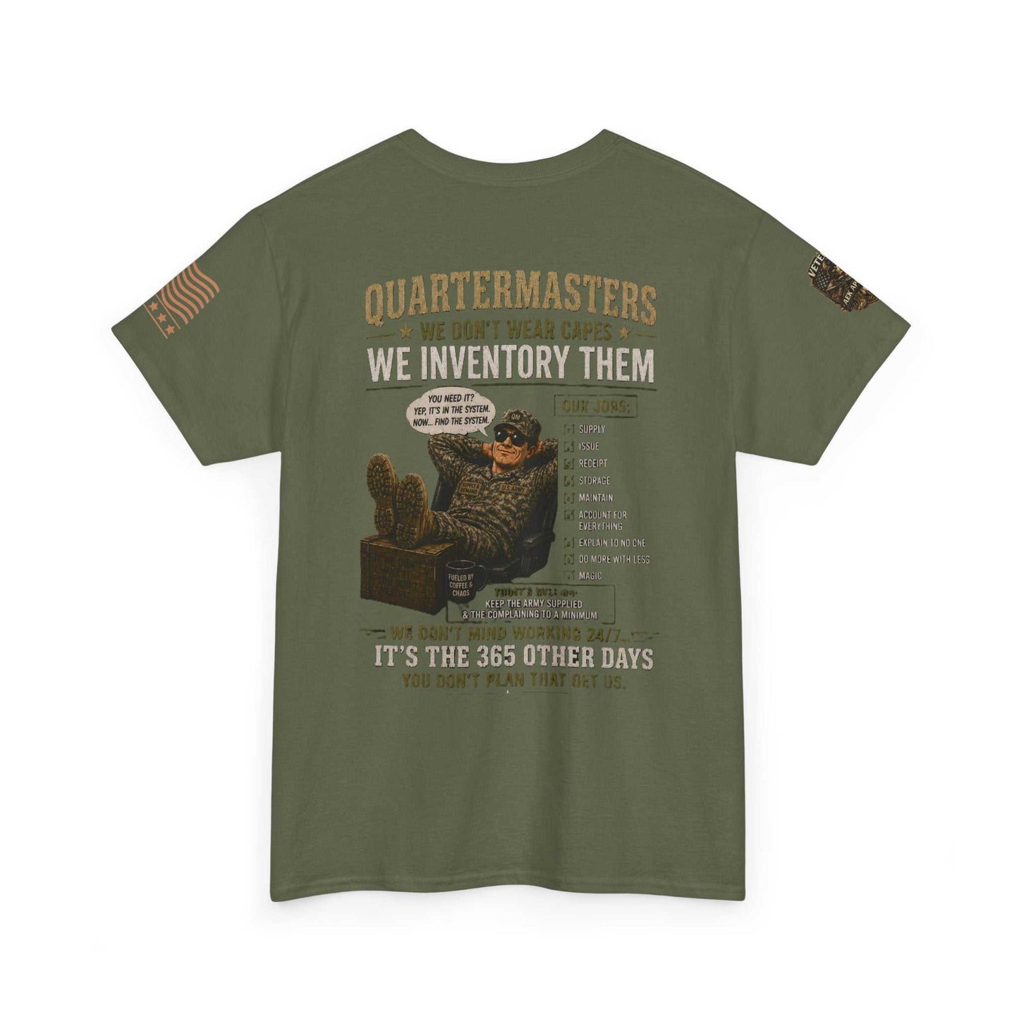 Quartermasters Graphic Tee – "We Don’t Wear Capes, We Inventory Them" Military Supply Shirt