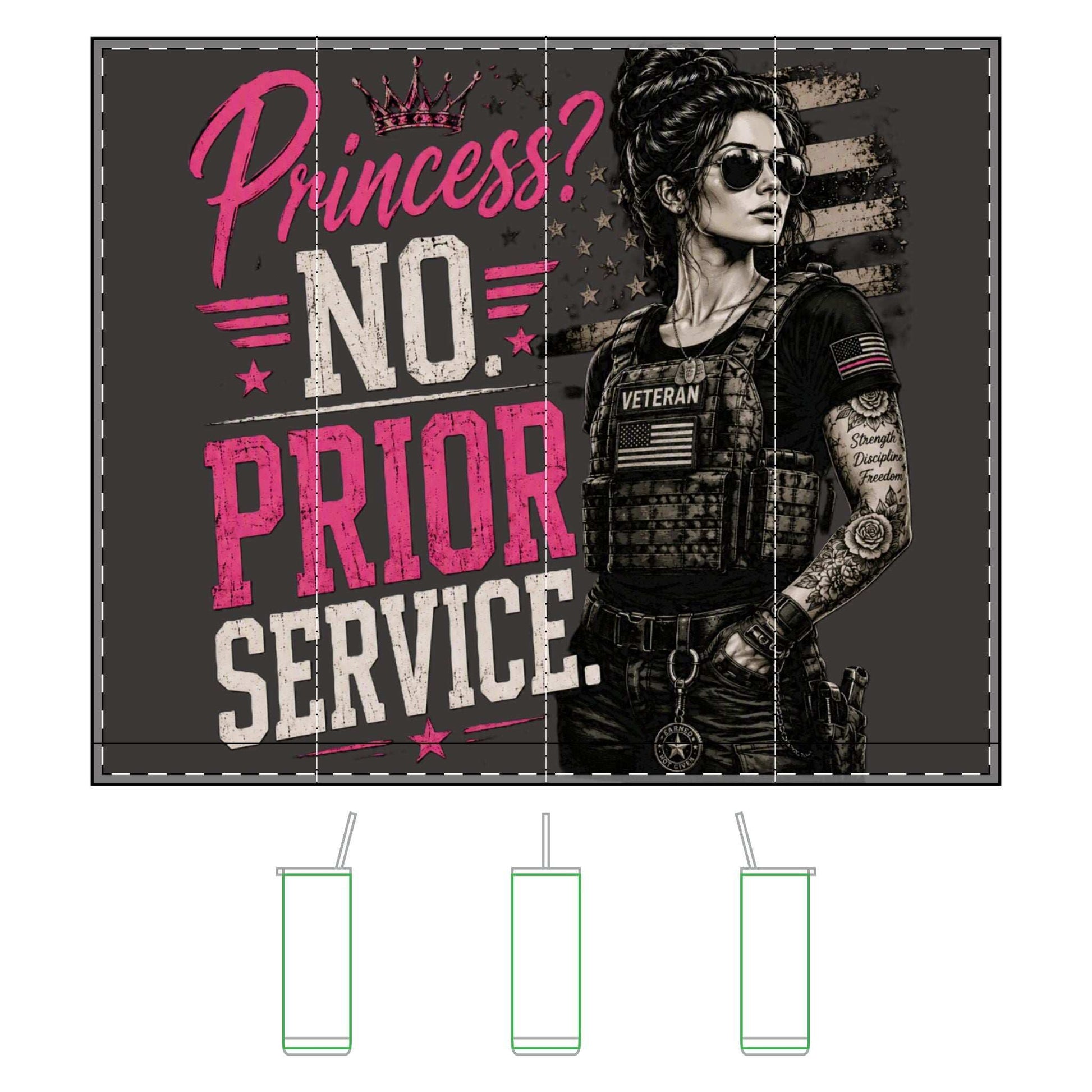 20oz Maker Sip Tumbler with "Princess? No. Prior Service." veteran woman military design, matte finish, colorful straw, and insulated steel body