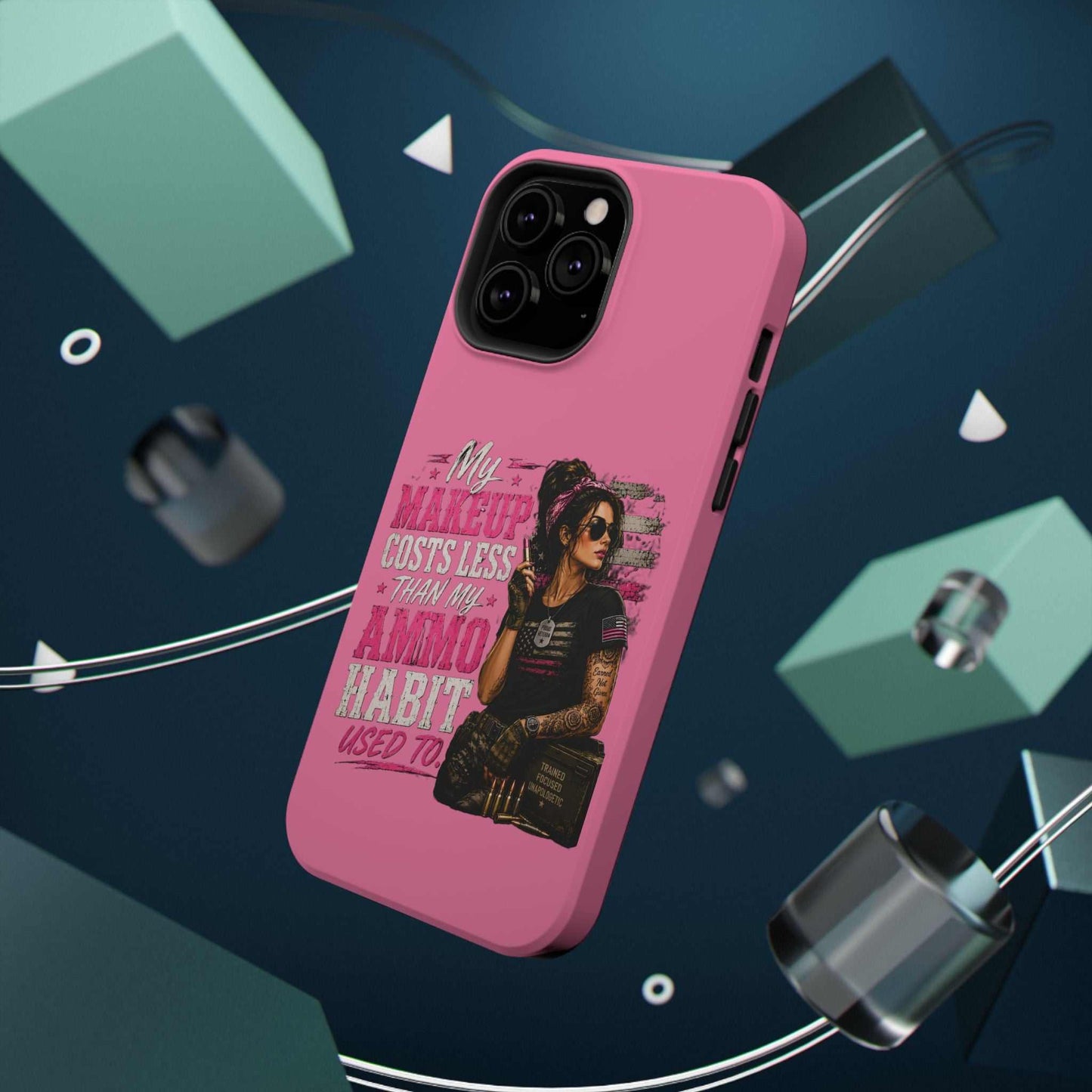 Impact-Resistant Phone Case — "My Makeup Costs Less Than My Ammo Habit Used To" Pink Tactical Design