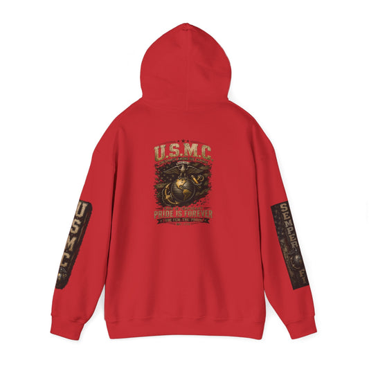 USMC Hoodie with vintage Marine Corps emblem and distressed lettering on heavyweight cotton-poly sweatshirt