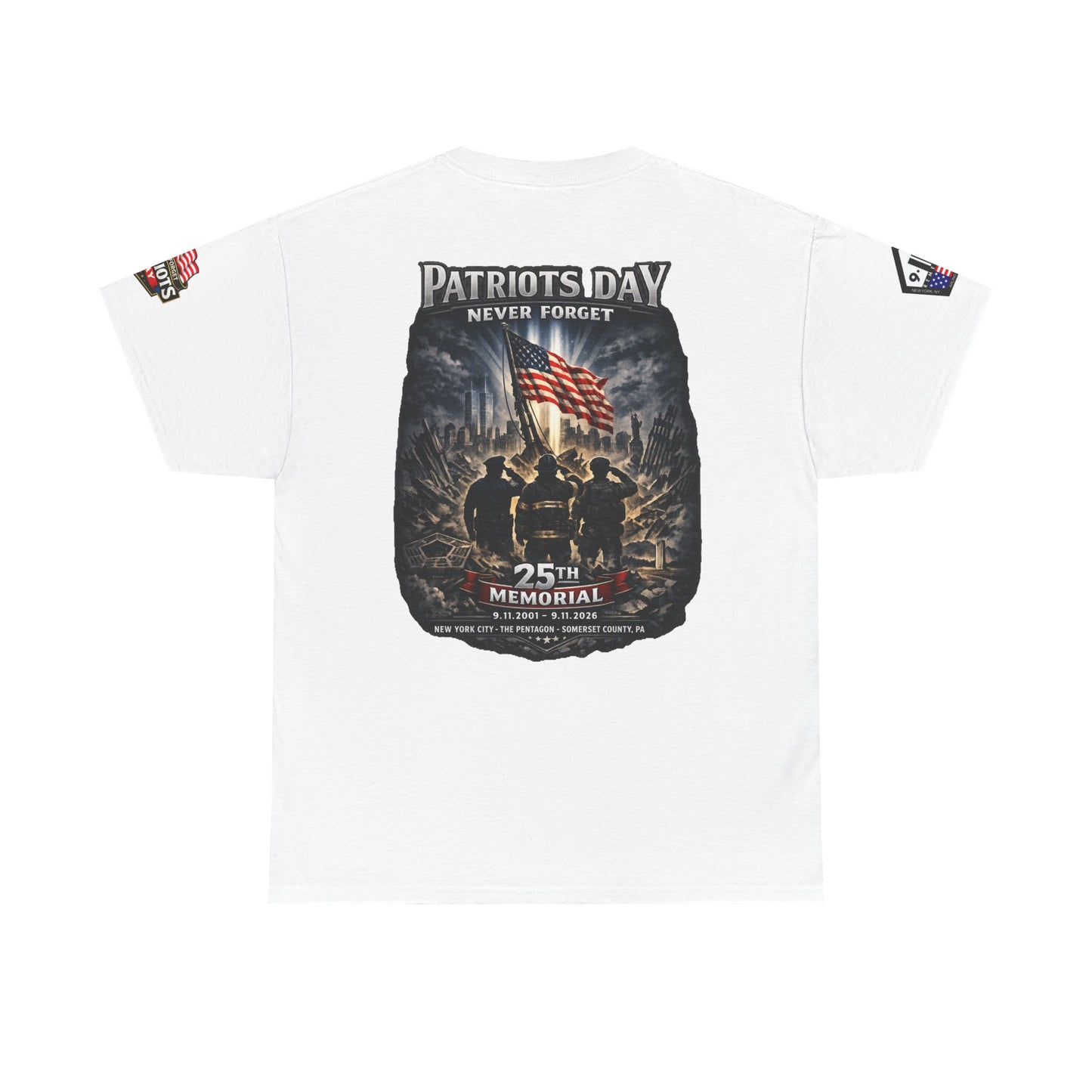 NYPD, FDNY, PAPD-NYNJ Patriots Day Memorial Tee – "Never Forget" 25th Anniversary American Flag Shirt