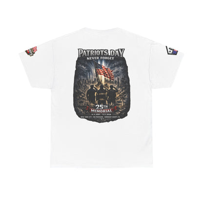 NYPD, FDNY, PAPD-NYNJ Patriots Day Memorial Tee – "Never Forget" 25th Anniversary American Flag Shirt