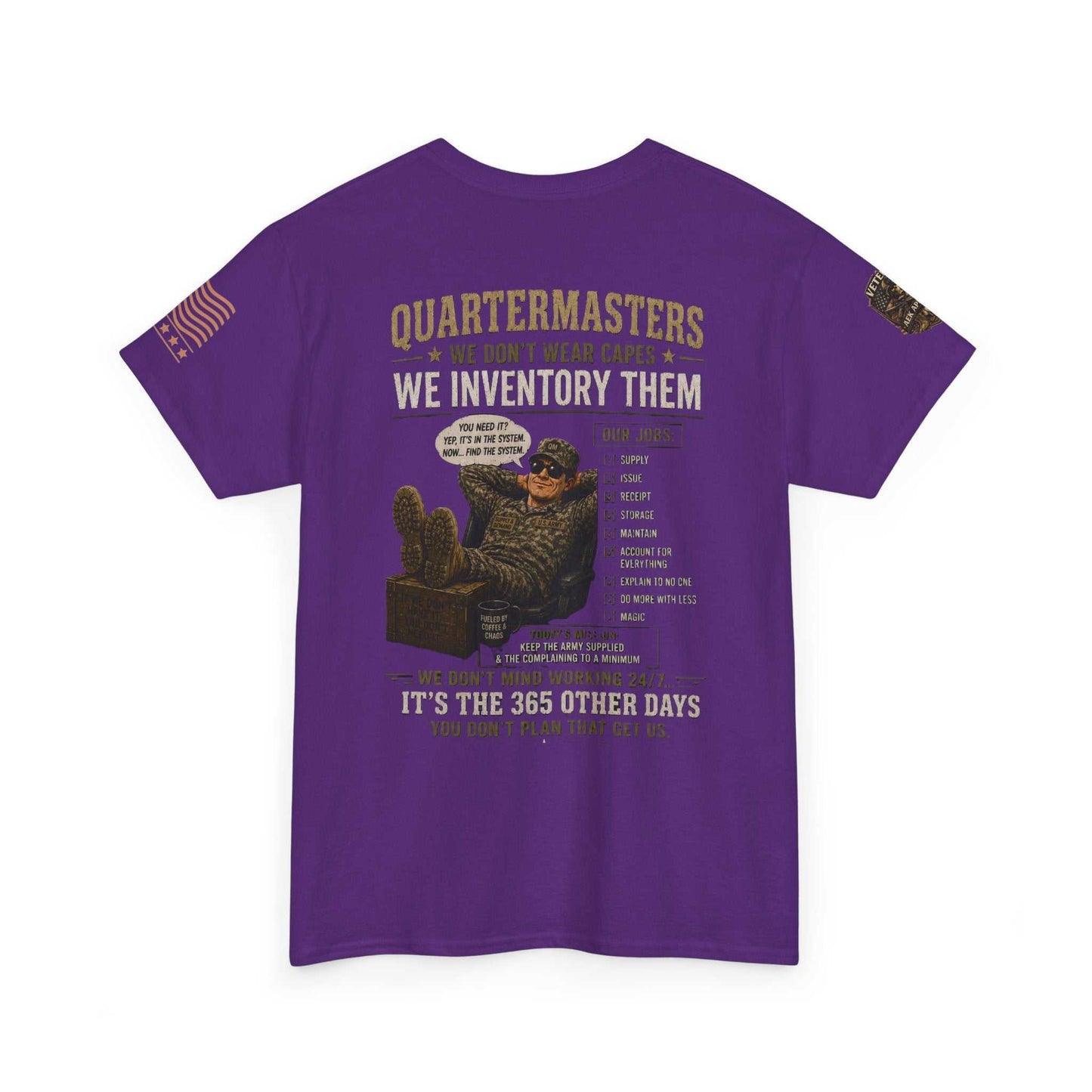 Quartermasters Graphic Tee – "We Don’t Wear Capes, We Inventory Them" Military Supply Shirt