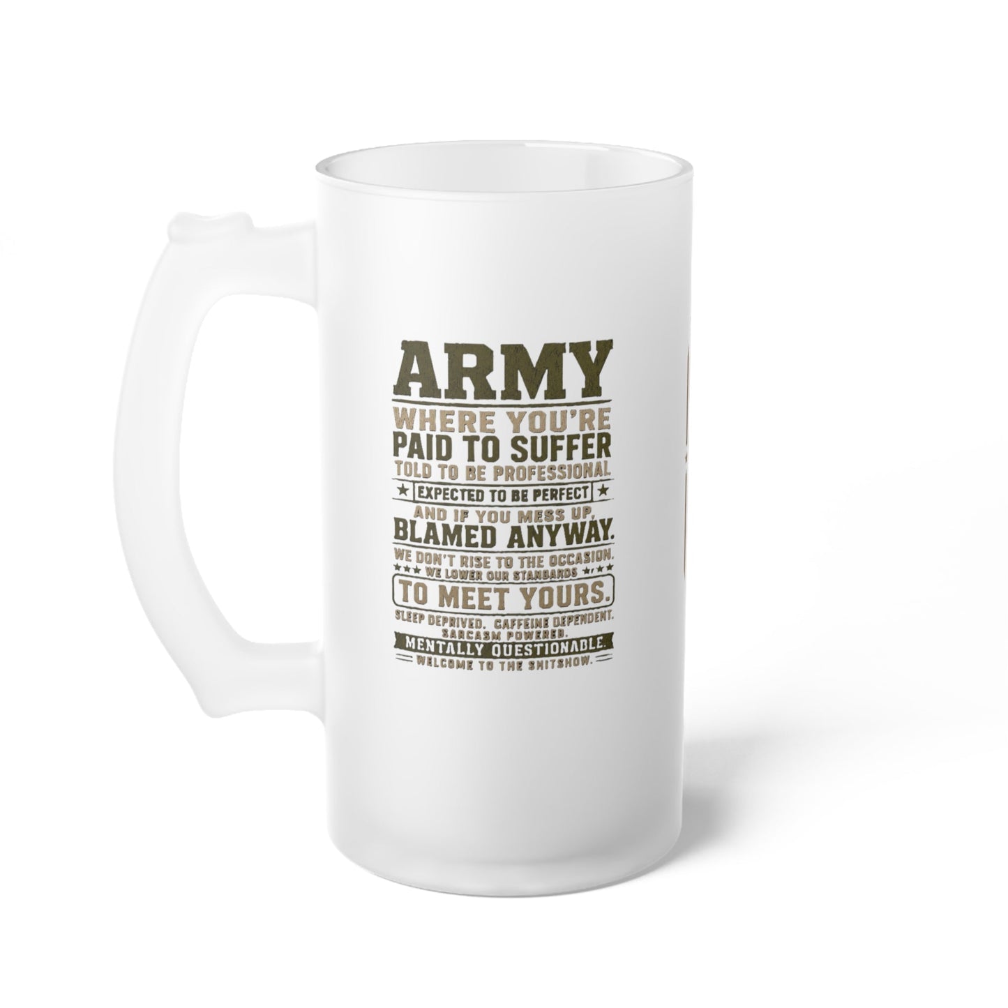 Army Veteran Frosted Glass Beer Mug with wraparound military pride print on a reclaimed-wood table