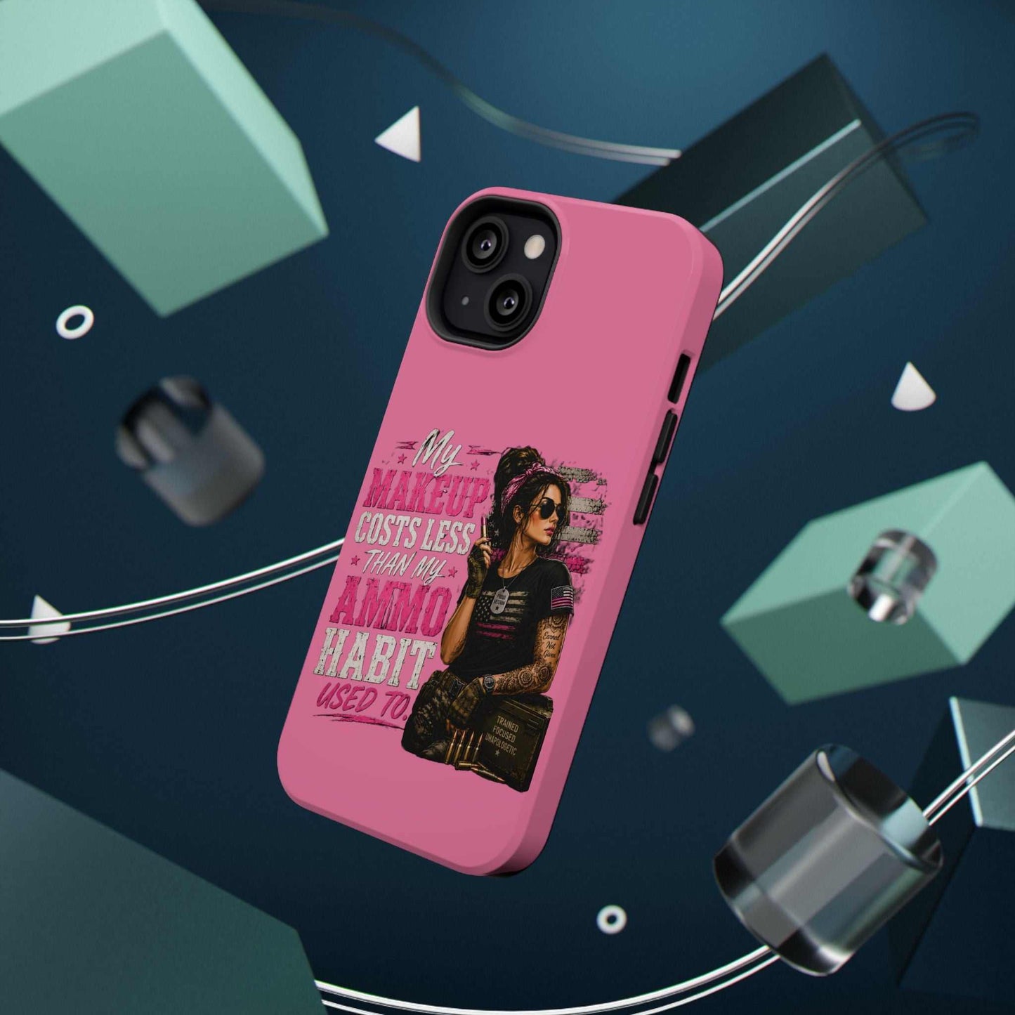 Impact-Resistant Phone Case — "My Makeup Costs Less Than My Ammo Habit Used To" Pink Tactical Design
