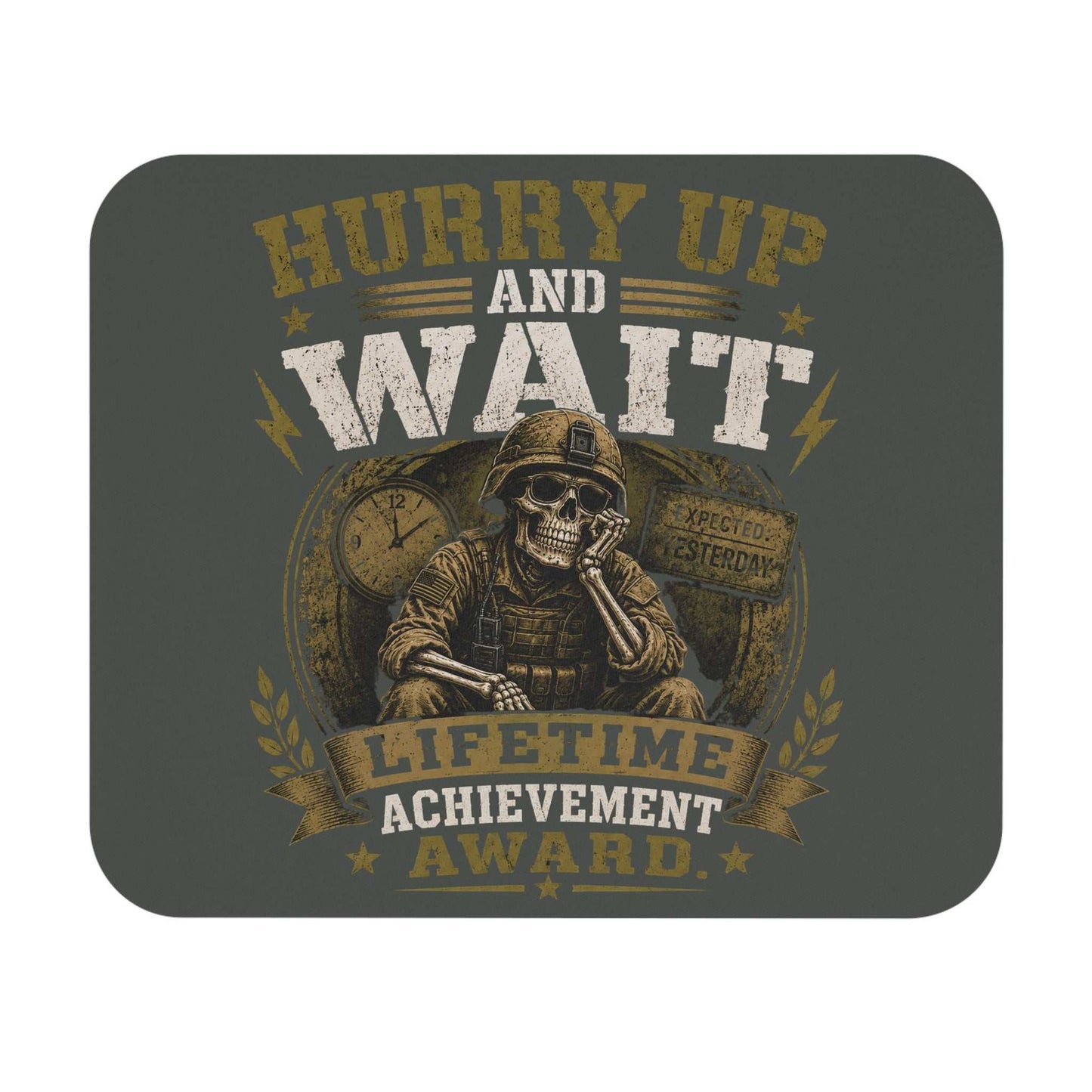 Military skull vintage mouse pad with "Hurry Up and Wait" text and clock background on army-green desk mat