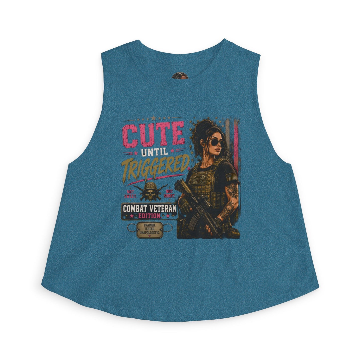 Crop Top — "Cute Until Triggered" Combat Veteran Graphic Tank