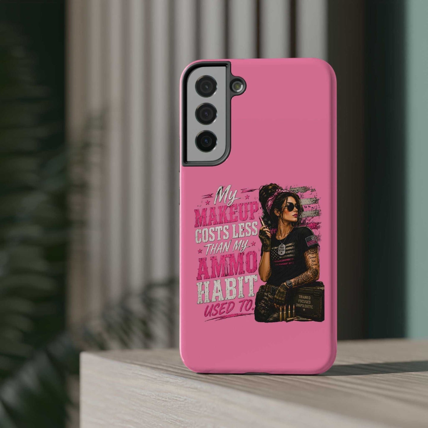 Impact-Resistant Phone Case — "My Makeup Costs Less Than My Ammo Habit Used To" Pink Tactical Design