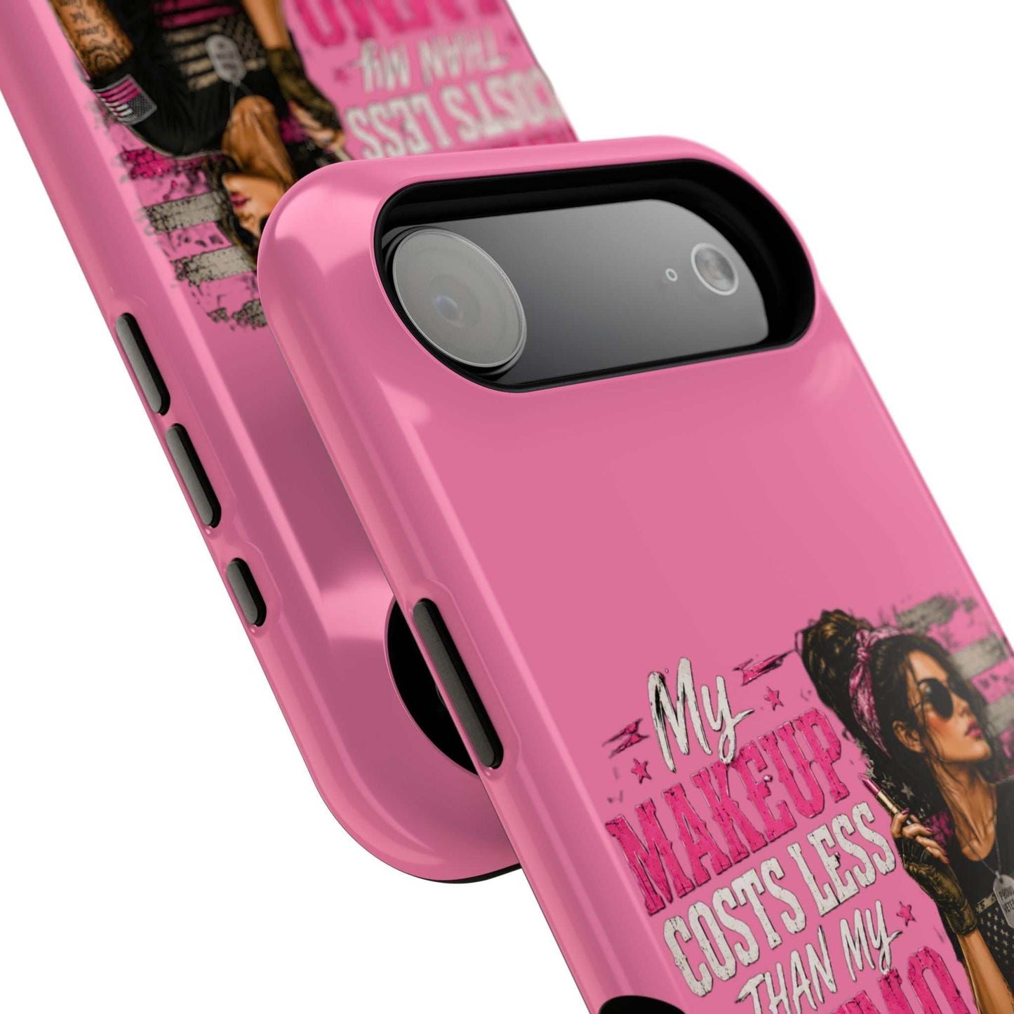 Impact-Resistant Phone Case — "My Makeup Costs Less Than My Ammo Habit Used To" Pink Tactical Design
