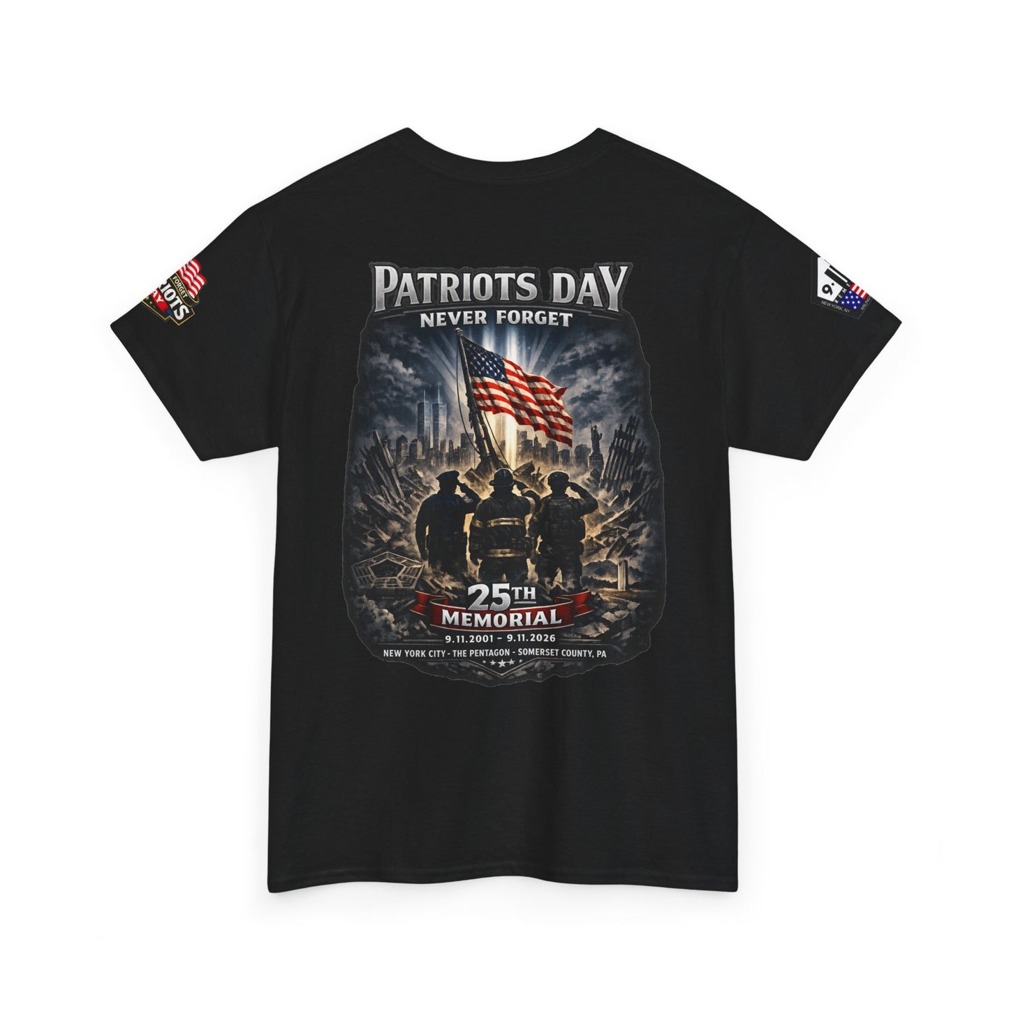 NYPD, FDNY, PAPD-NYNJ Patriots Day Memorial Tee – "Never Forget" 25th Anniversary American Flag Shirt